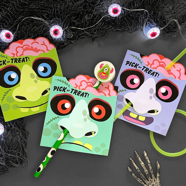 Printable Zombie Nose Cards- Pick or Treat - pencil hugger, pixie stick, glow bracelet holder - Halloween party favor - instant download