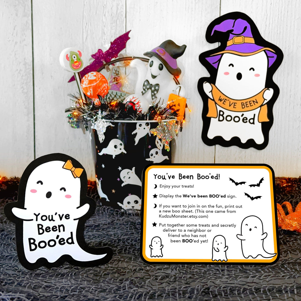 You've Been BOOed printable kit with We've Been Boo'ed sign, Instructions sheet, and gift tag for Halloween gift basket, mug, or goodie bag