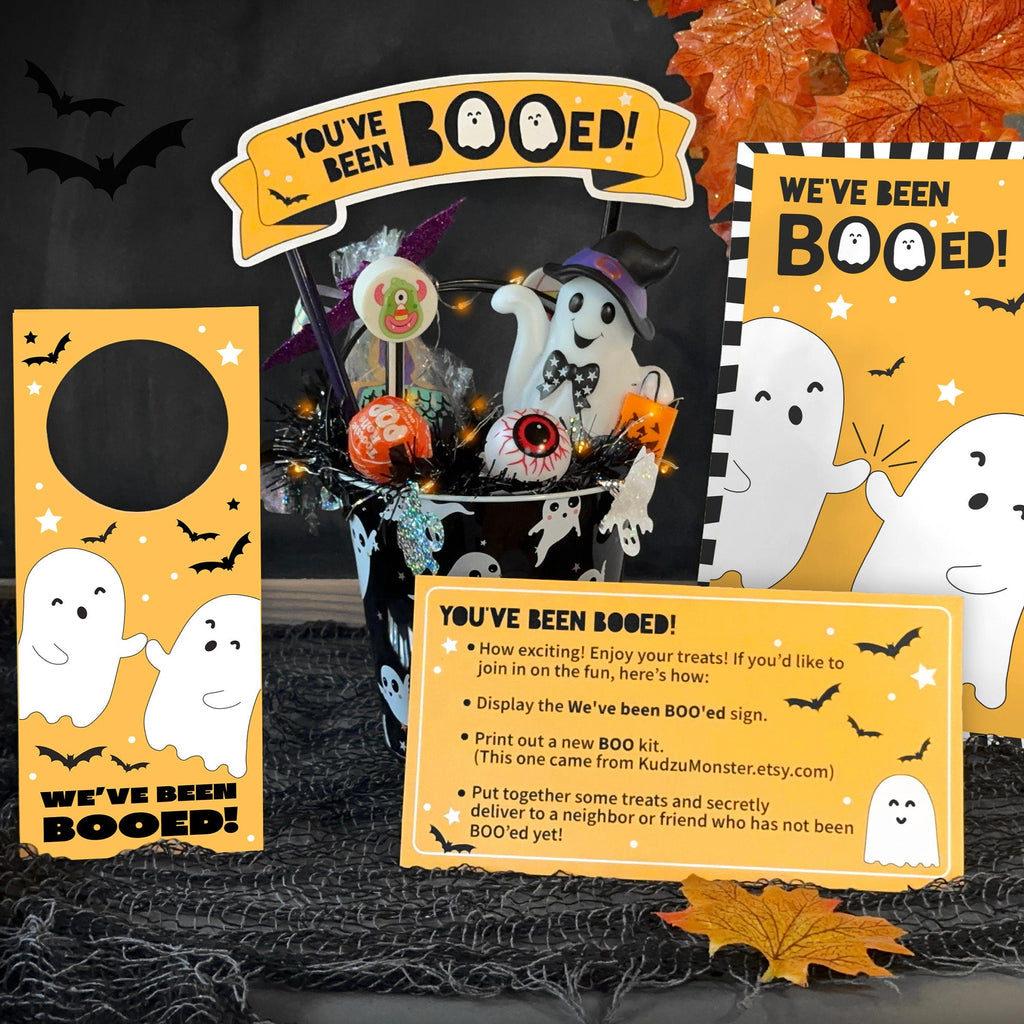 You've Been BOOed game - printable kit- We've Been Boo'ed sign, Instruction sheet, door hanger for Halloween gift basket, mug, or goodie bag
