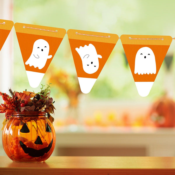 Printable Candy Corn Ghost Garland - Halloween Pennant Flag Banner - Cute Simple Fall Decor - DIY Instant Download Orange Garland Streamers