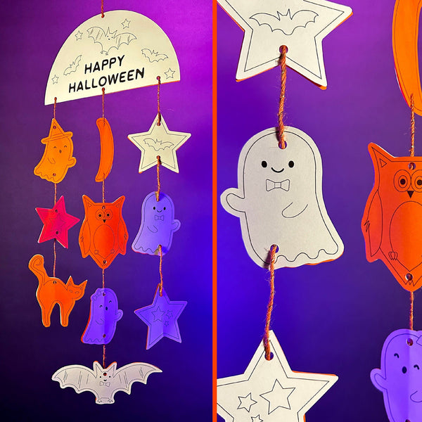 Printable Coloring Halloween Mobile Activity - Cute Spooky Craft - DIY Instant Download Halloween Decor- Ghost, Owl, Stars, Cat, Bats Mobile