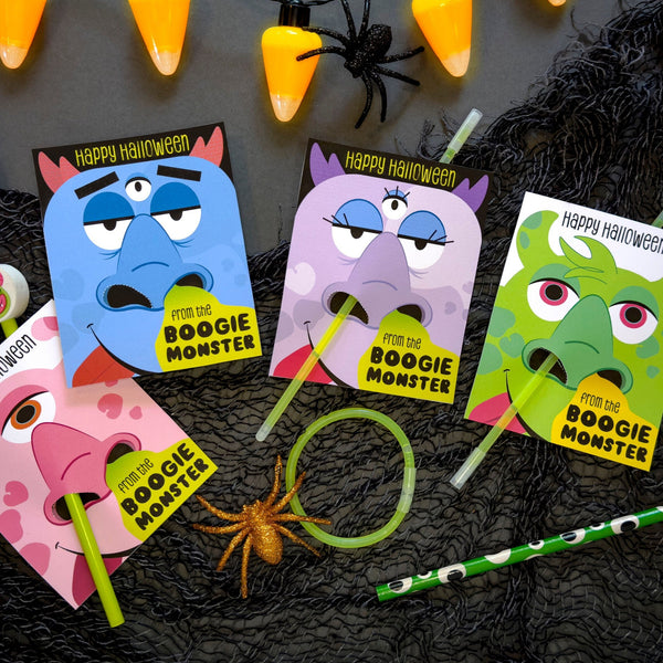 Printable Boogie Monster Nose pencil hugger, pixie stick, glow bracelet holder cards - funny gross Halloween party favor - instant download