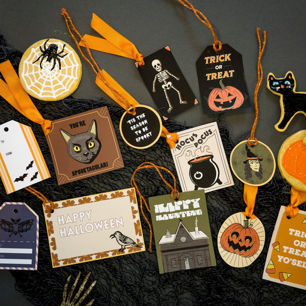 Printable Halloween Gift Tags - Set of 12 Spooky Hand-drawn illustrations - Witch, Pumpkins, Bats, Skeletons - Vintage Style Gift Tags