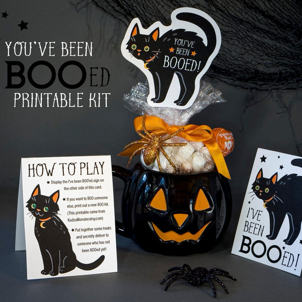 You've Been BOOed Black Cat - Office Game - printable kit for hot cocoa mug gift- I've Been Boo'ed sign, Instruction How to Play tent card