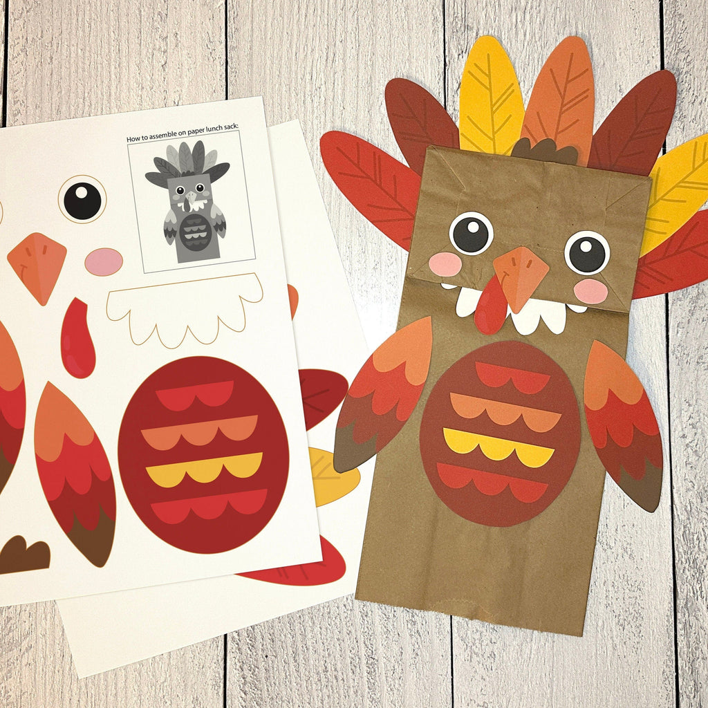 Printable Turkey Puppet Activity | Fun Kids Craft for Thanksgiving | Paper Lunch Sack Puppet | Brown Paper Bag Thanksgiving Puppet