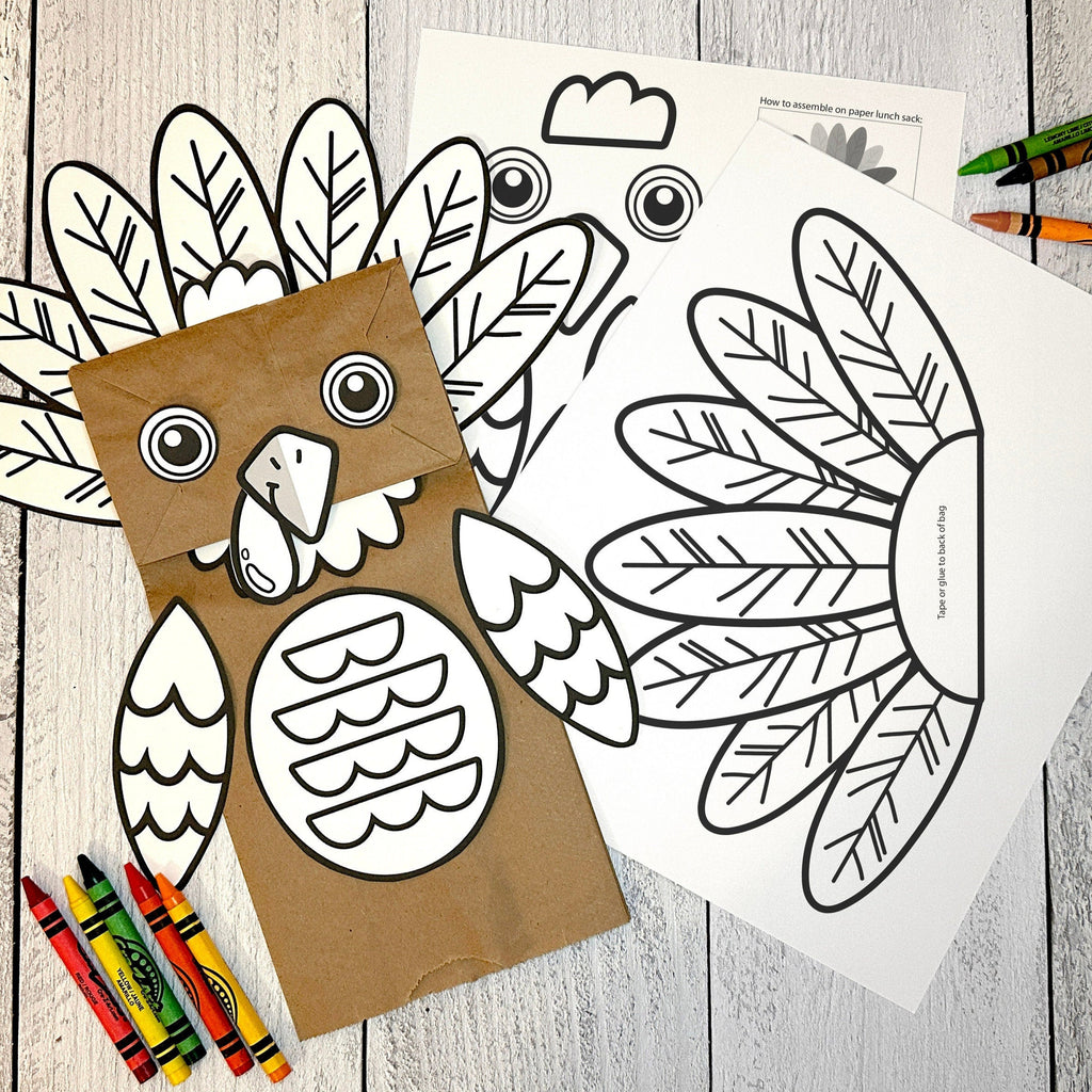 Printable Turkey Puppet Coloring Activity | Fun Kids Craft for Thanksgiving | Paper Lunch Sack Puppet | Brown Paper Bag Thanksgiving Puppet