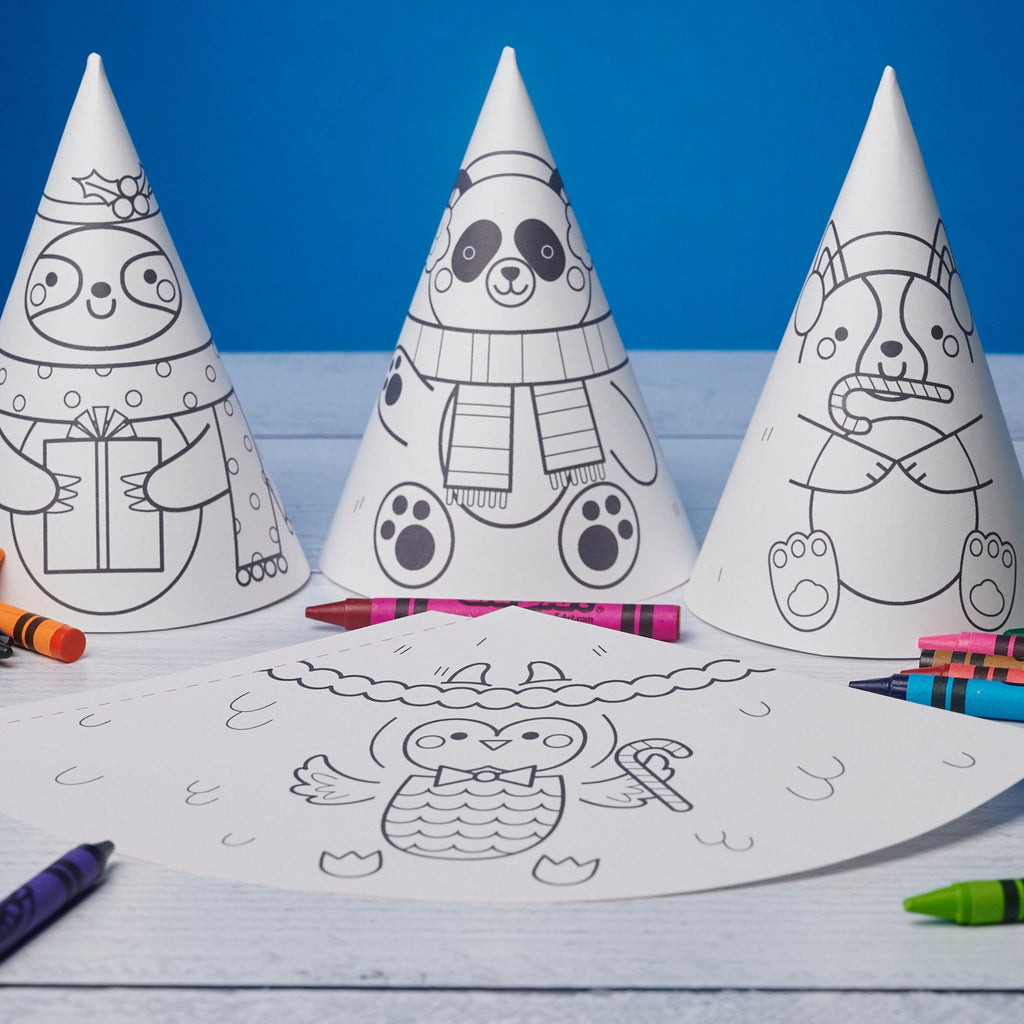 Printable Christmas Coloring Activity Cute Character Cone Puppets | Panda, Sloth, Shiba Inu Dog and Owl | Classroom Holiday Party Craft Kids