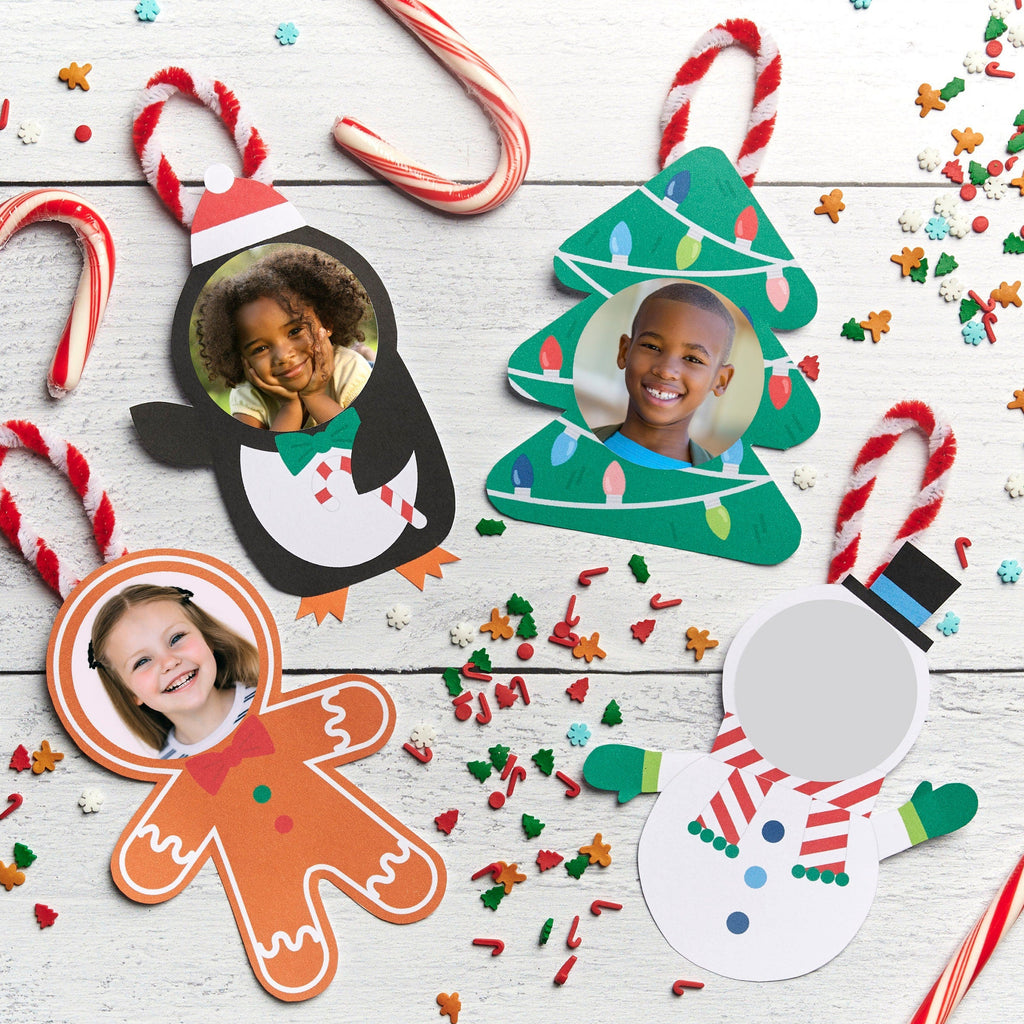Printable Christmas Ornament Frames for Kids | Keepsake Holiday Craft | Penguin, Tree, Snowman, Gingerbread Man Photo Frames | Cutting File