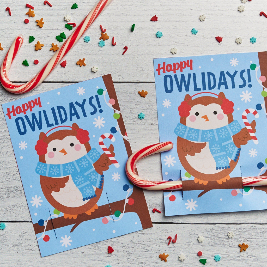 Printable Owl Candy Cane Hugger Cards | Instant Download Holiday Cards for Candy Canes or Christmas Pencils | Cute Kids Christmas Cards