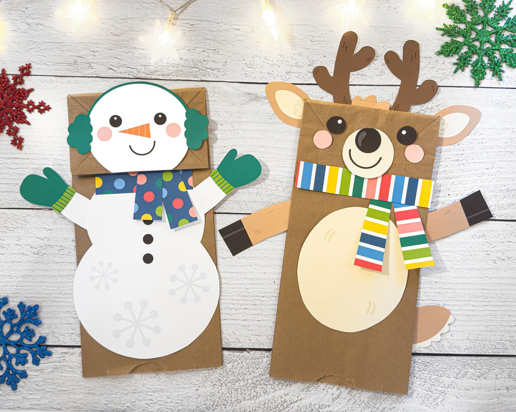 Printable Reindeer and Snowman Puppet Activity | Fun Kids Craft for Christmas | Brown Paper Lunch Bag Puppet | Holiday Puppet Theatre Kit