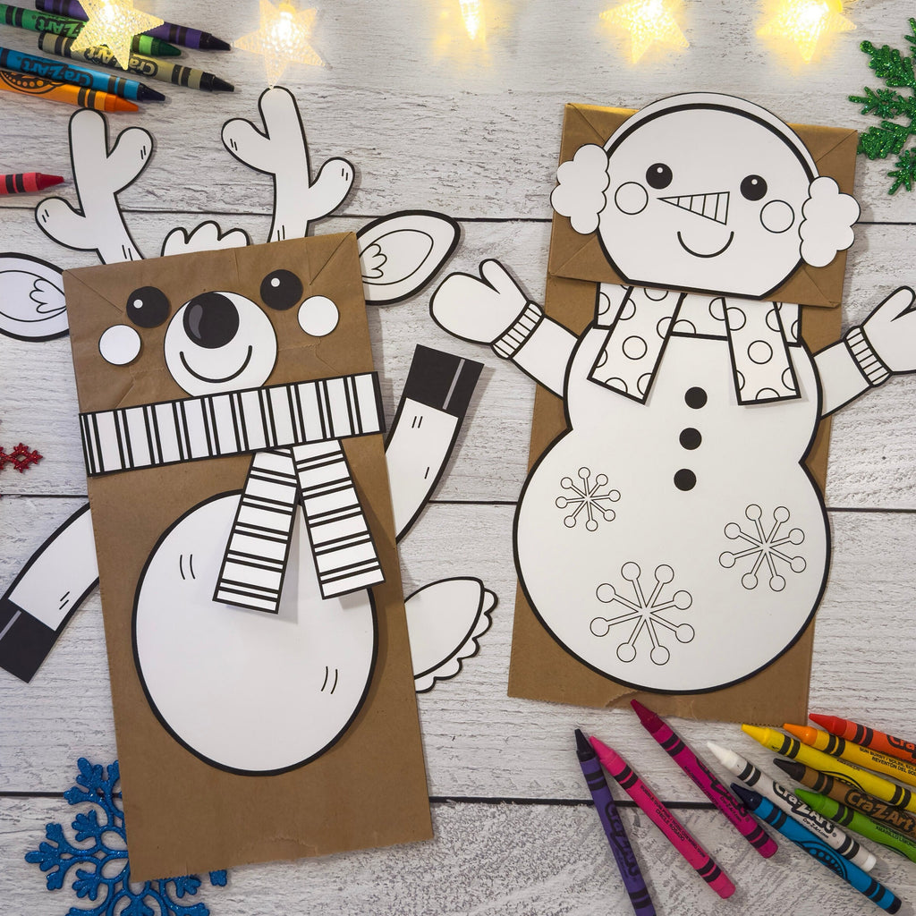 Printable Coloring Puppets Reindeer + Snowman Activity | Fun Kids Craft for Christmas | Brown Paper Lunch Bag Puppet | Download Coloring Kit