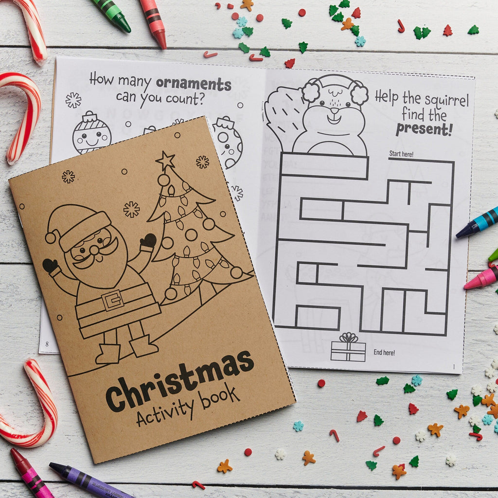 Printable Christmas Activity Book for the Kids Table | Santa Coloring Craft for Kids at Holiday Dinner | Maze, Word Find, Connect the dots