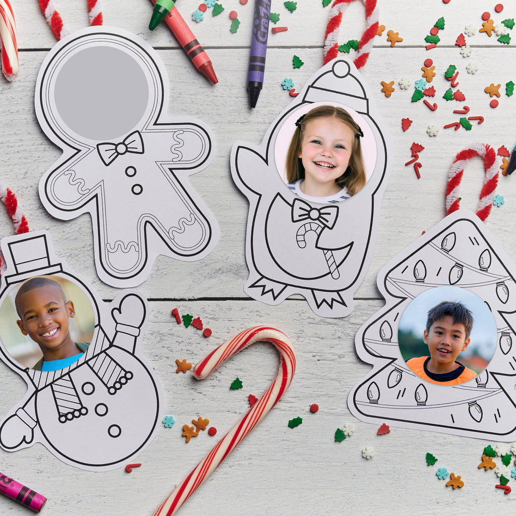 Printable Christmas Ornament Coloring Activity for Kids | Keepsake Holiday Craft | Penguin, Tree, Snowman, Gingerbread Man Photo Frames