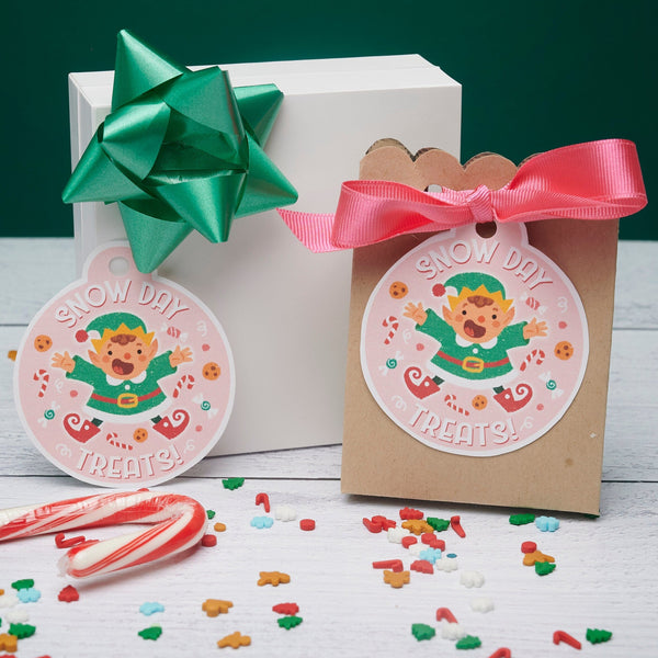 Printable Gift Tags | Cute Illustrated Elf Snow Day Treats Tags for Homemade candies, baked goods, fudge, trail mix, Christmas party favors