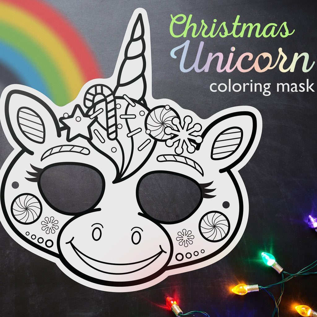 Printable Christmas unicorn coloring mask kids cute color activity mask fun coloring page craft DIY print at home instant download Holiday