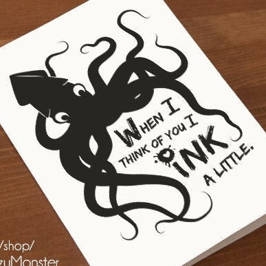 INSTANT DOWNLOAD printable card annversary i love you funny card squid nautical octopus sea creature ocean sea black and white graphic card