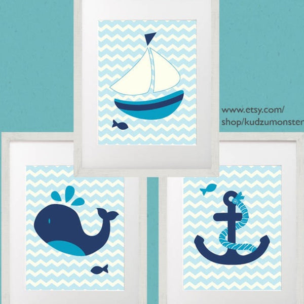 INSTANT DOWNLOAD set of three 5x7 nautical art prints whale, sail boat ship and anchor fish Navy Blue Baby blue chevron nursery decor