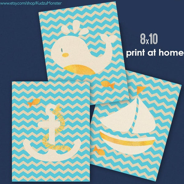 INSTANT DOWNLOAD set of 3, 8x10 nautical prints chevron teal anchor whale sail boat art childrens nursery art sailboat ship ocean beach