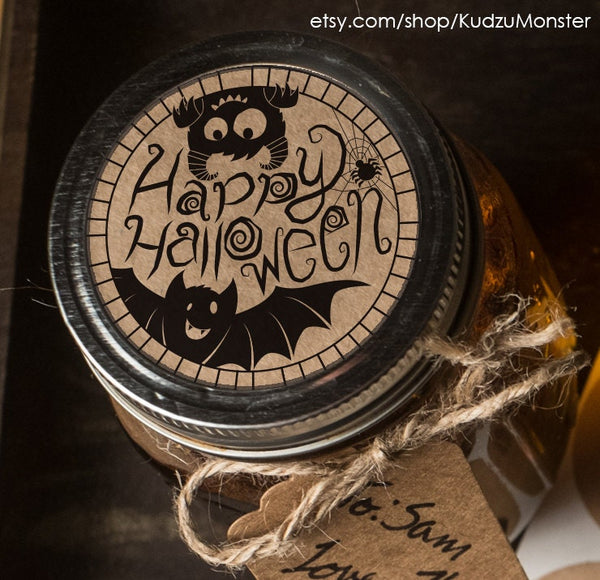 Instant download Halloween mason jar lid label print at home bat monster candy jar gift