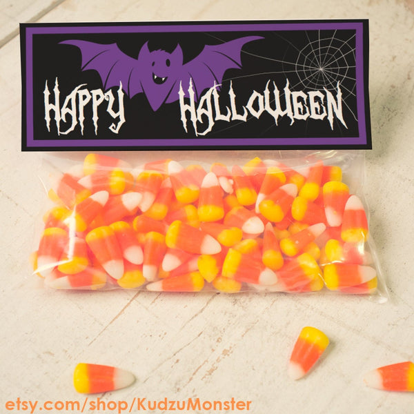INSTANT DOWNLOAD Halloween Bat Treat Topper Candy Bag Topper Label homemade candy trick or treat bag purple black spooky printable top