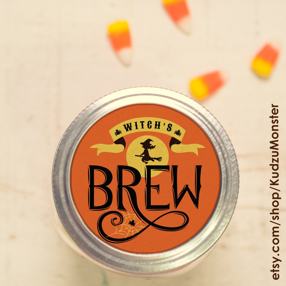 Instant download Halloween mason jar lid witch brew label print at home bat monster candy jar gift moonshine coffee cocktail juice punch