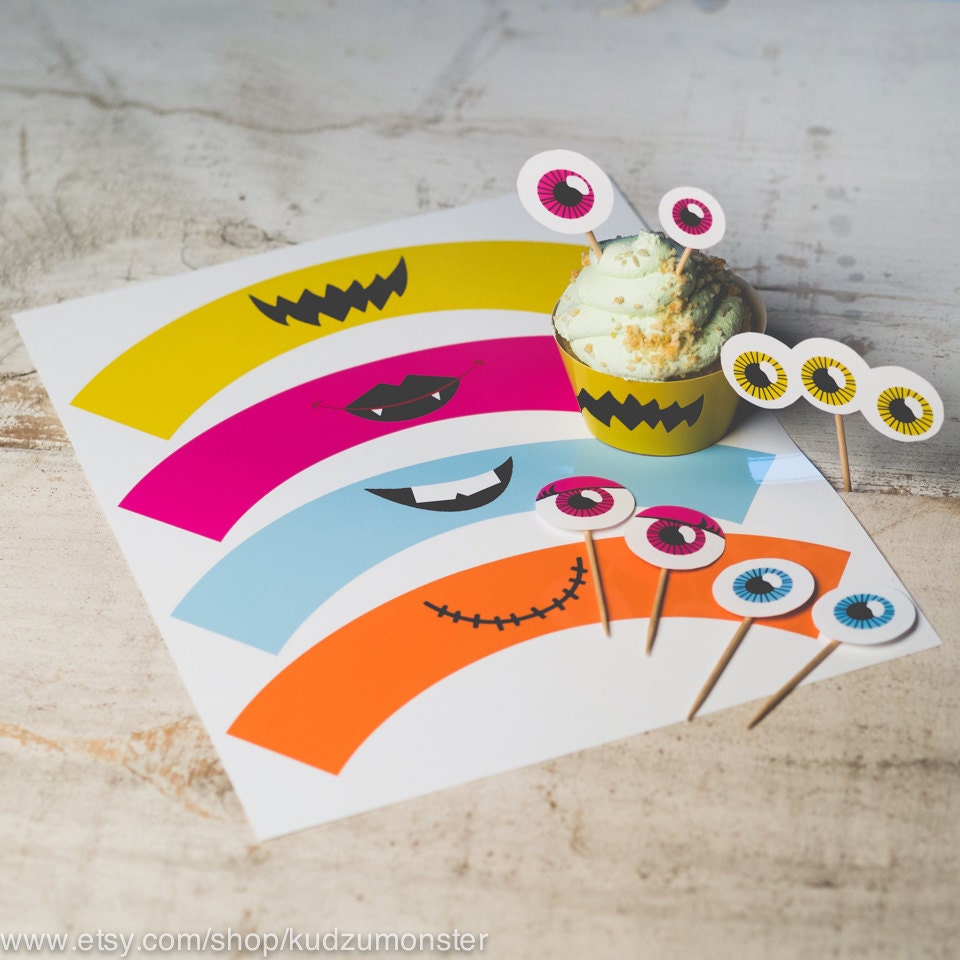 INSTANT DOWNLOAD birthday cupcake topper monster face kit print at home alien monster party eyes and cupcake wrappers fun craft activity