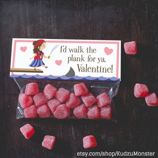 INSTANT DOWNLOAD Printable treat topper valentine's day pirate girl ocean shark valentine candy bag classroom ship sea waves sword funny