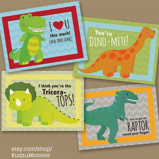 INSTANT DOWNLOAD Printable Classroom Valentines Dinosaur funny boy valentines day cards Triceratops, t-rex, raptor & long-neck printable