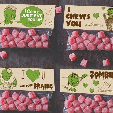 INSTANT DOWNLOAD Zombie Valentine Treat Toppers set of 4 candy bag topper valentine's day funny boy valentines I Chews You, Brains, green