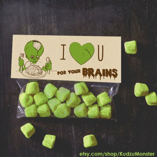 INSTANT DOWNLOAD Zombie Valentine Treat Toppers Love you for your Brains craft candy bag topper valentine's day funny boy valentines