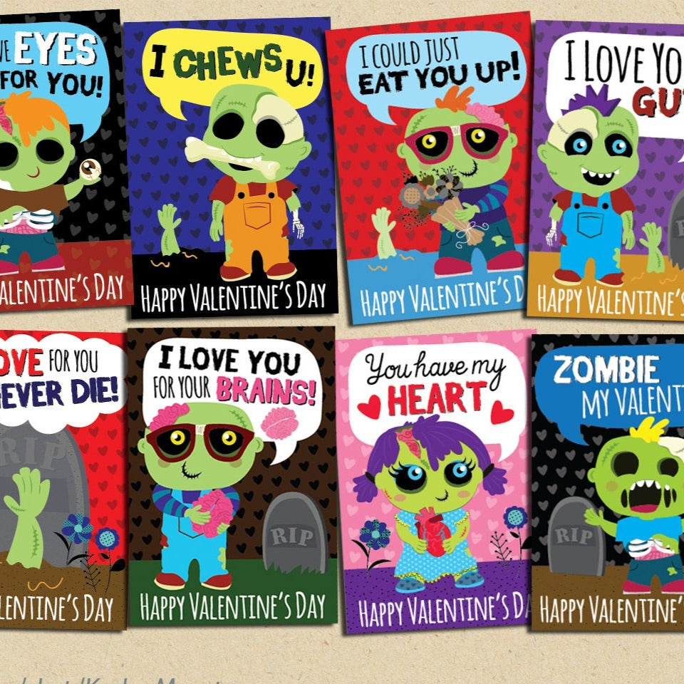 INSTANT DOWNLOAD Printable Classroom zombie valentines cards valentine's day funny boys valentine brains zombies creepy gross tomboy punk