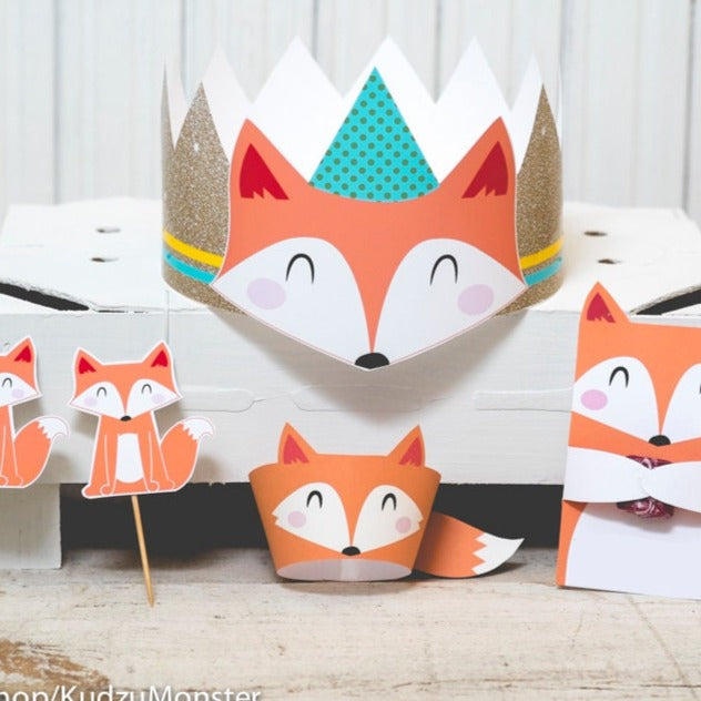 Fox woodland birthday Party printable decor kit cute fox cupcake topper cupcake wraps print at home birthday crown party candy favor