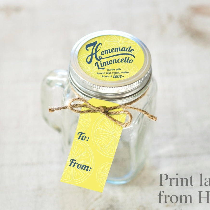 Limoncello Print at home labels and tags for homemade mason jar gifts printable yellow lemon theme gift tags and top label limoncello kit