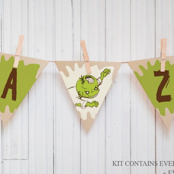 Zombie Party Printable Banner Bunting Flag Garland Print Party Kit boy birthday funny zombie walking dead theme green A-Z banner message
