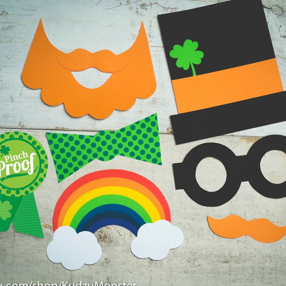 St. Patrick's Day Party printable photo booth photo prop kit with beard, top hat, glasses, bow tie, rainbow, and pinch proof ribbon