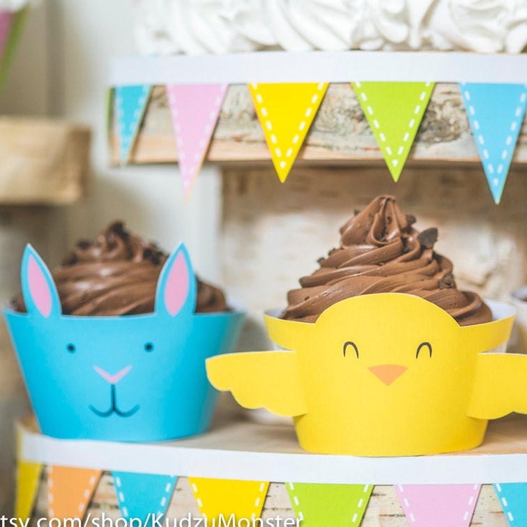 Easter printable cupcake wrappers cute easter animals for kids baby chick and easter bunny yellow blue and white DIY cupcake kit instant