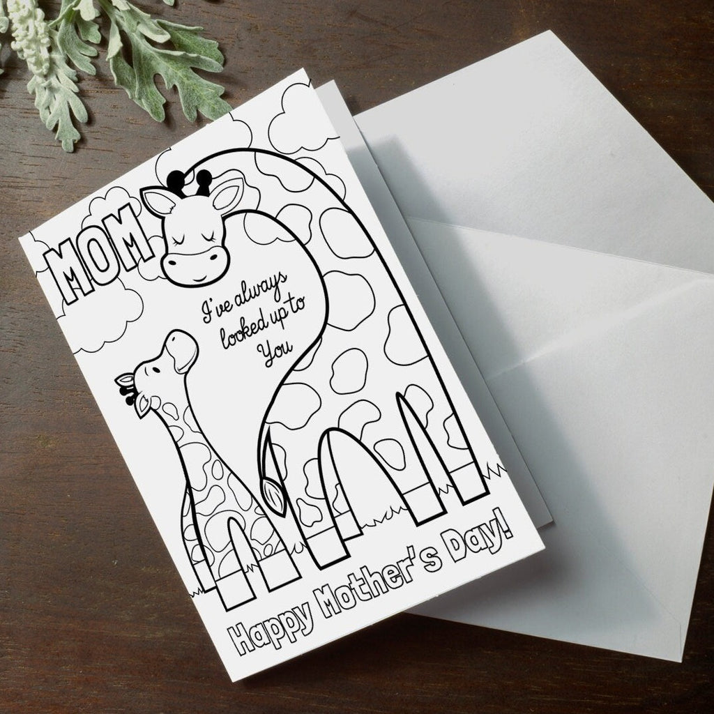 INSTANT DOWNLOAD Mother's Day Card Coloring page giraffe printable craft classroom daycare activity. "Mom, I've always looked up to you"