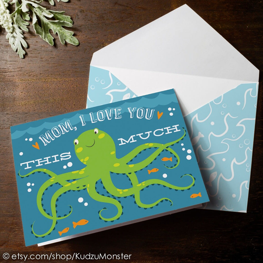 INSTANT DOWNLOAD Mothers Day Card cute octopus squid nautical under the sea card big hug I love you this much Happy Mother's Day