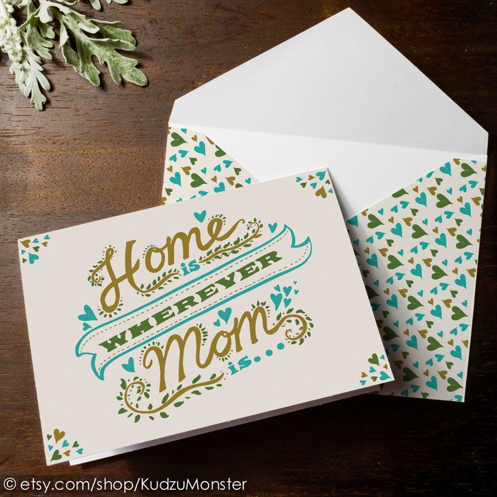 INSTANT DOWNLOAD Mothers Day Card cute floral Home is wherever MOM is typography traditional card cream beige folk flower cottage chic