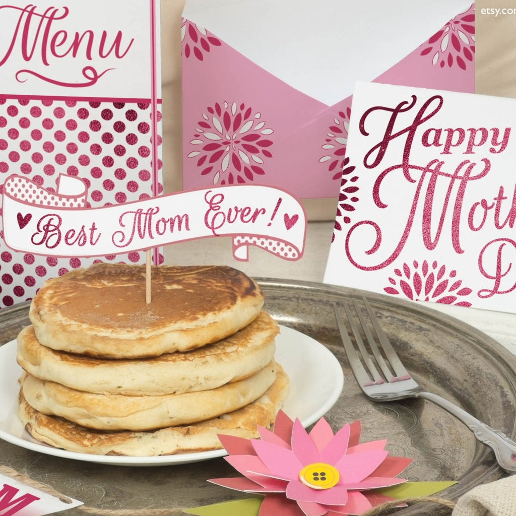 Mother's Day Breakfast in Bed printable DIY kit card, menu, paper flowers, wrapper, pancake topper, #1 MOM banner, Pink Glitter Mother's day