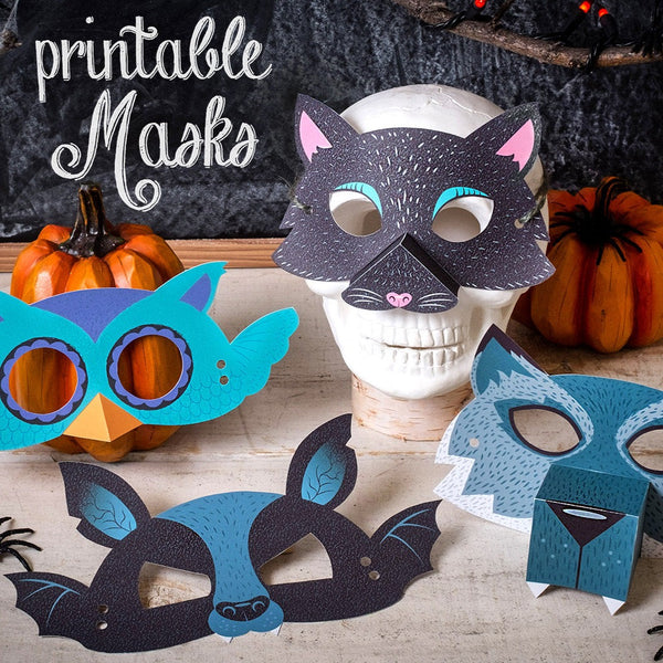 Printable Halloween Masks Kit for kids DIY Halloween activity with werewolf, bat, black cat, and owl. Great for classroom craft or party