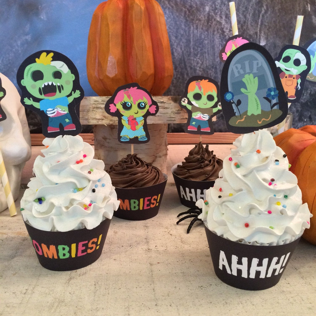 INSTANT Download Zombie party cupcake toppers print at home dead hand grave yard tomb cute and creepy party classroom DIY decor craft