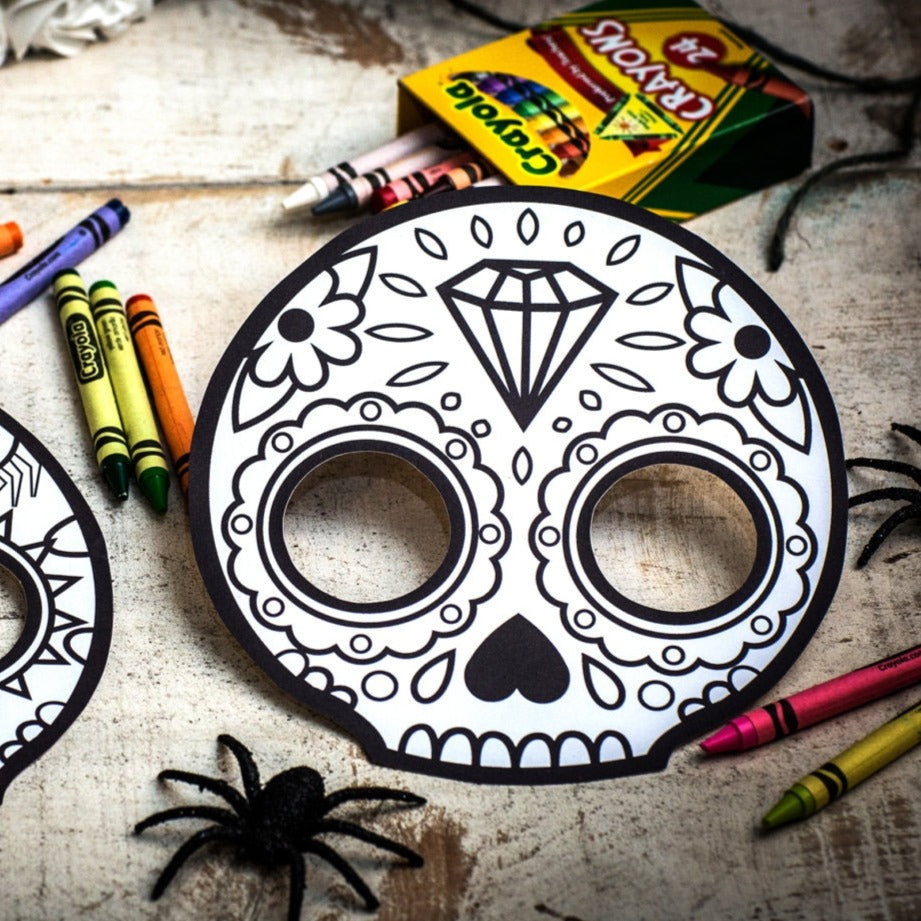 Halloween Printable coloring mask for kids cute skull day of the dead Dia de los Muertos sugar skull coloring page halloween activity