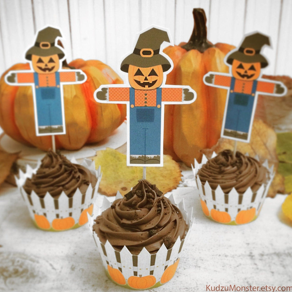 Halloween Printable cupcake wrappers and cupcake toppers Scarecrow Pumpkin Jackolantern fall harvest festival cute not scary autumn decor