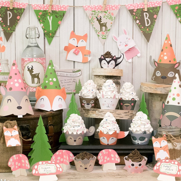 Girly Pink Woodland Party printable decor kit fox baby deer raccoon bear bunny Forest animals cupcake wrappers banner baby shower birthday