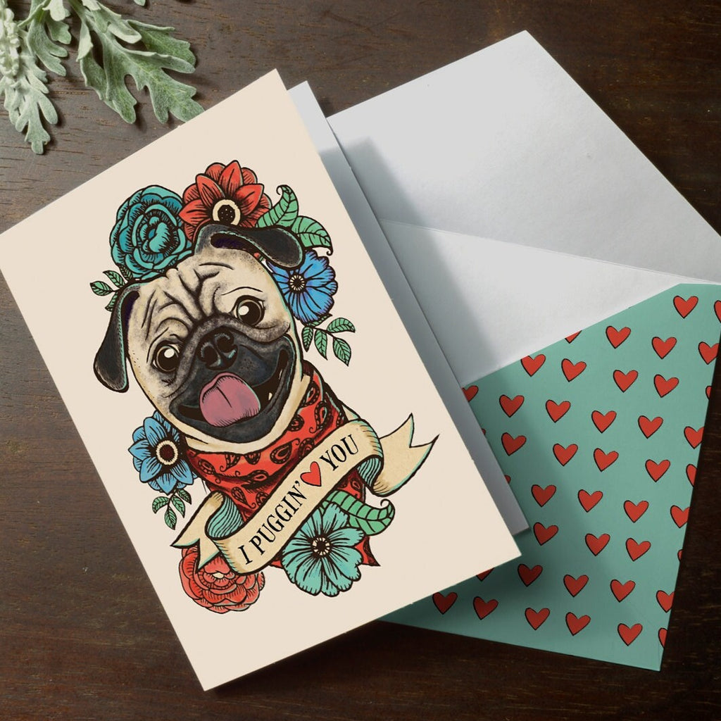 Funny Printable Pug " I Puggin' Love You " valentine's day or anniversary romantic love card with coordinating printable envelope valentine