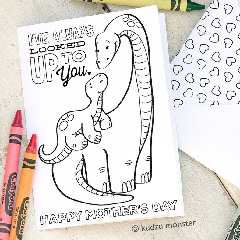 Coloring Activity Mother's Day Card: Longneck Dinosaur