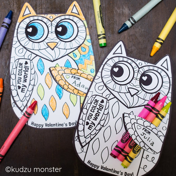 Valentine Owl Coloring Huggers - Kudzu Monster
