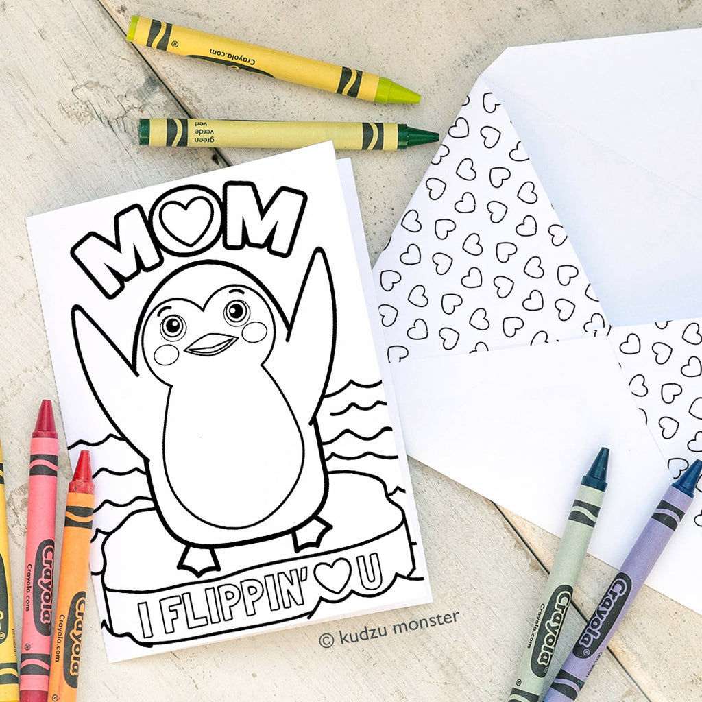 Coloring Activity Mother's Day Card: Penguin Flippin