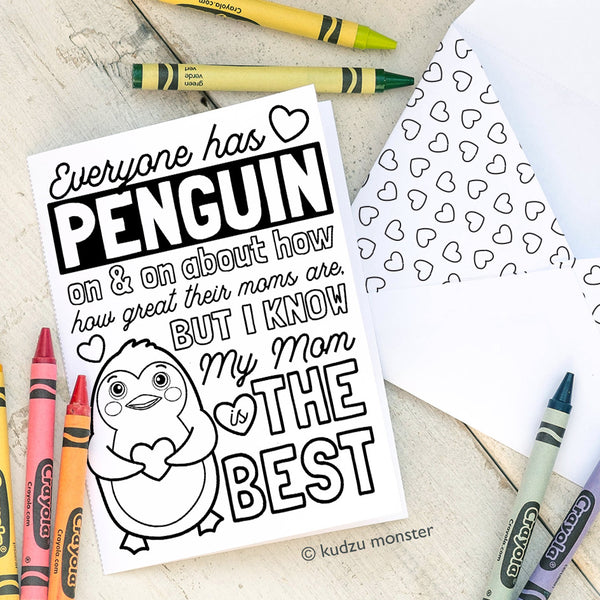 Coloring Activity Mother's Day Card: Penguin